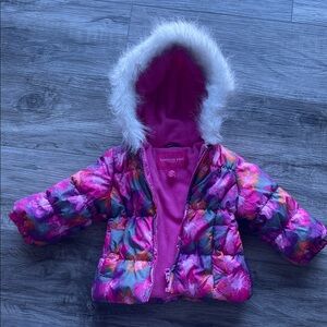London Fog Pink Floral Puffer Jacket with Faux Fur Hood